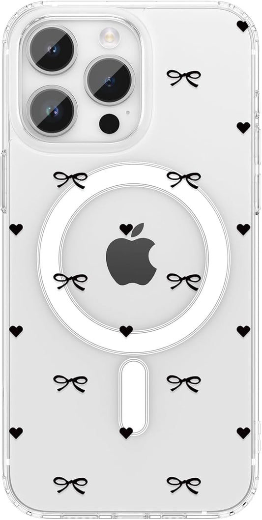ZTOFERA for iPhone 13 Pro Max Magnetic Case Clear,Cute Love Heart Ribbon Bow Tie Aesthetic Phone Case,Transparent Trendy Slim Soft Shockproof Protective Phone Cover for Women Girls,Black