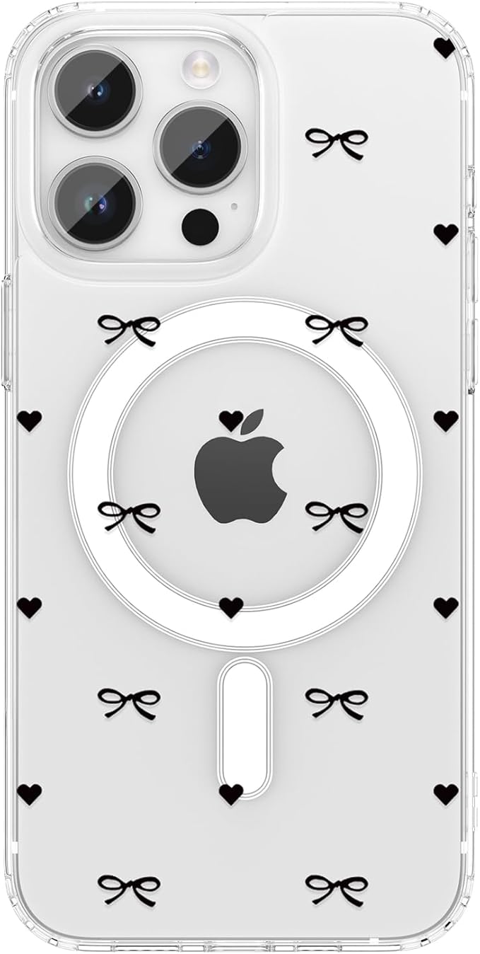 ZTOFERA for iPhone 13 Pro Magnetic Case Clear,Cute Love Heart Ribbon Bow Tie Aesthetic Phone Case,Transparent Trendy Slim Soft Shockproof Protective Phone Cover for Women Girls,Black