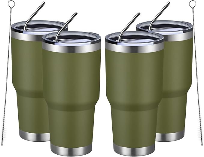 MEWAY 30oz Insulated Tumbler With Lids and Straws,Stainless Steel Double Vacuum Coffee Tumbler Cup, Brush, Durable Powder Coated Coffee Cup for Cold & Hot Drinks, Office, Travel(Army Green,4 PACK)
