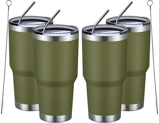 MEWAY 30oz Insulated Tumbler With Lids and Straws,Stainless Steel Double Vacuum Coffee Tumbler Cup, Brush, Durable Powder Coated Coffee Cup for Cold & Hot Drinks, Office, Travel(Army Green,4 PACK)