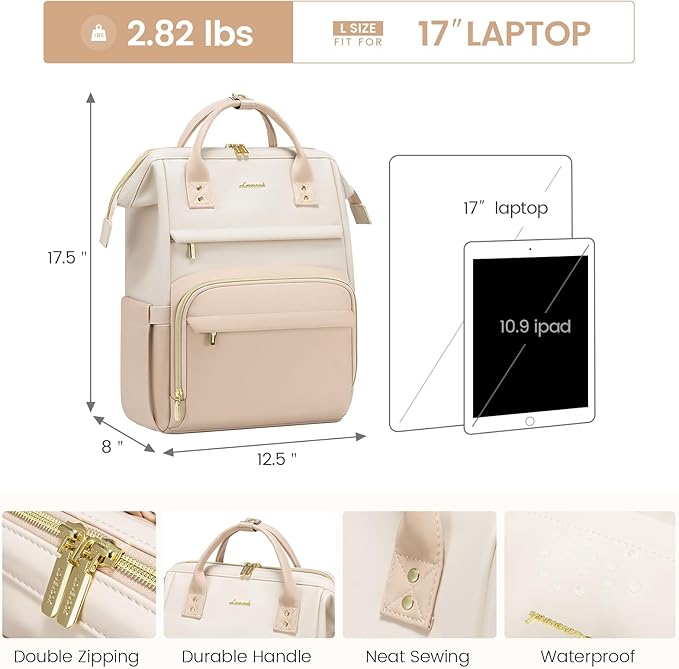 LOVEVOOK Leather Backpack for Women, 17 inch Laptop Backpack, Professional Work & Travel Bag, Beige-Flesh Beige