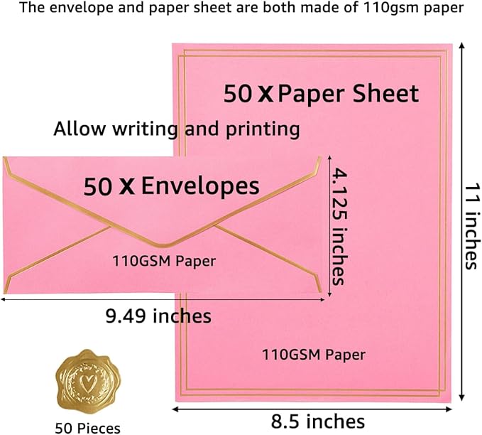 50 Pack 5 Colors Stationery Set with Gold Border, #10 Business Envelopes and 8.5x11 Paper Sheets and Stickers for Writing Letters (Pink)