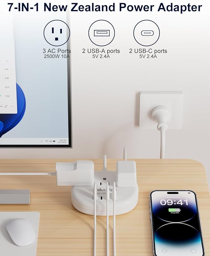 Australia Power Plug Adapter, New Zealand Power Adapter with 3 American Outlets 4 USB Ports (2 USB-C) Total 24W, Type I Plug Adapter for USA to Australia, Argentina, China, 4.2FT