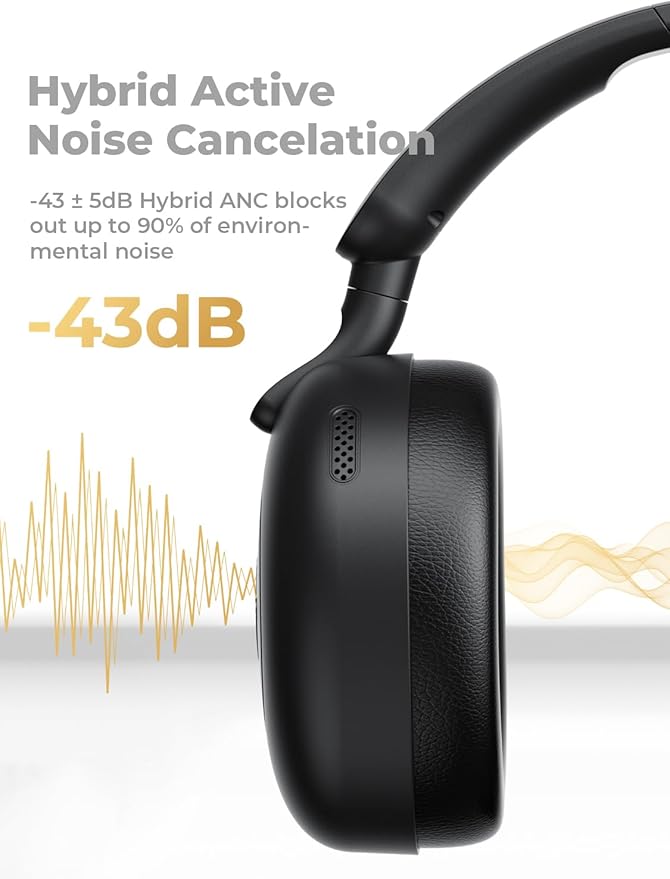 havit H655BT Hybrid Active Noise Cancelling Headphones for Airplane Travel, Wireless Over Ear Bluetooth Headphones, 76H Playtime, Hi-Res Audio, Super Bass via App, 5 Mic for Noise Cancelling