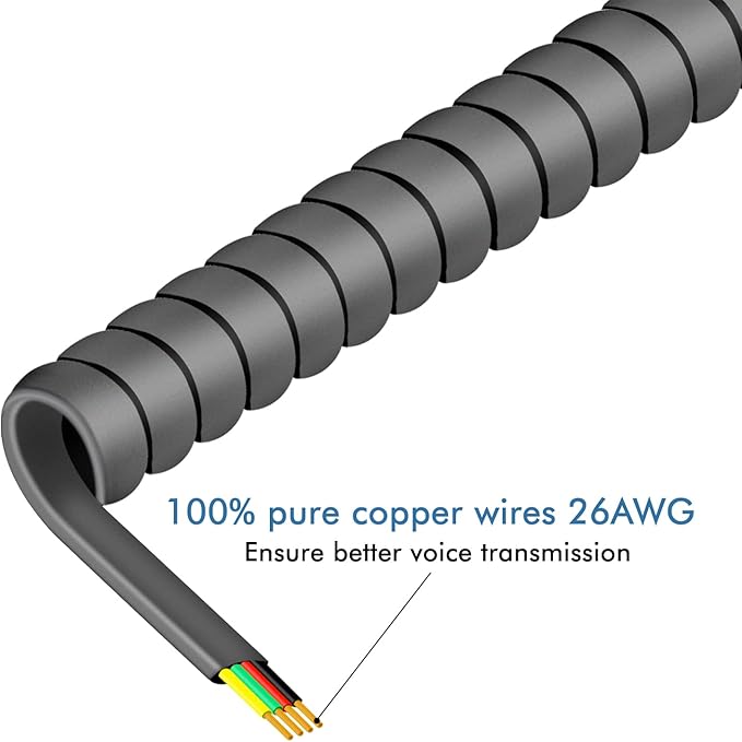 NECABLES 2+2Pack No Tangle Phone Cord for Landline 2pcs Telephone Handset Cord and 2pcs Detangler for Desk Phone Gray