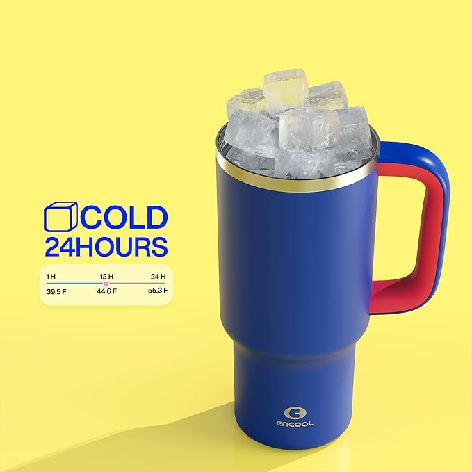 32 oz Tumbler with Handle and Straw: Stainless Steel Insulated Tumbler Keeps Cold for 24 Hours, Leakproof Travel Cup Fits in Cup Holder and BPA-Free, Beaucoup Blue