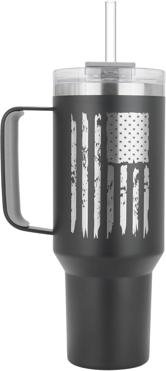 Drinco 40oz 30 oz Tumbler with Handle, Straw Lid, Insulated Stainless Steel Travel Mug Water Bottle Ice Coffee Cup For Cold and Hot, BigSur (Black-USA Flag, 40oz)