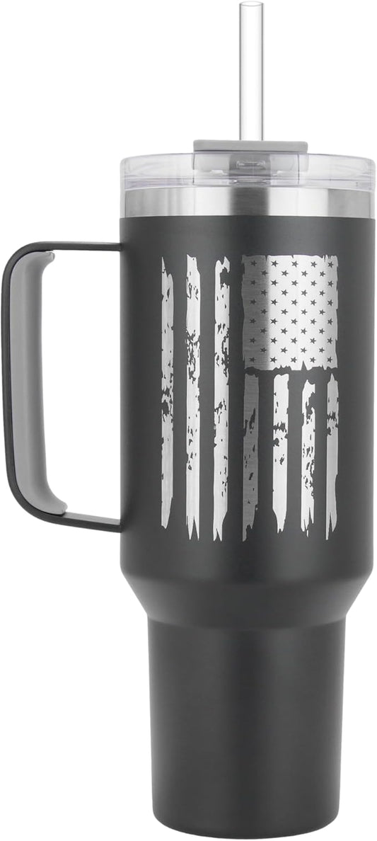 Drinco 40oz 30 oz Tumbler with Handle, Straw Lid, Insulated Stainless Steel Travel Mug Water Bottle Ice Coffee Cup For Cold and Hot, BigSur (Black-USA Flag, 40oz)