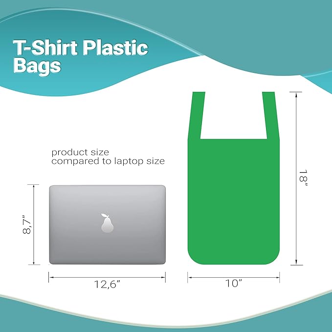 Green T-Shirt Bags, 10 x 5 x 18 Inches. Pack of 1000 Plastic Merchandise Bags, 18 Micron. Unprinted Grocery Bags with Handles. High Density Polyethylene Shopping Bags for Small Business