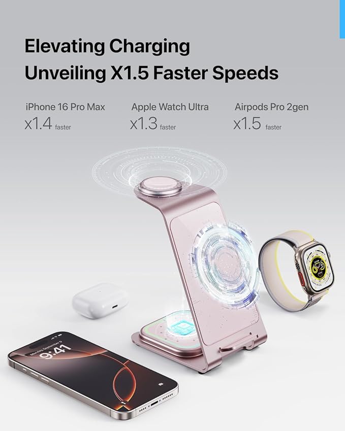 Intoval 3 in 1 Wireless Charging Station for iPhone 16 15 14 13 12 11 X Pro Max, Wireless Charger for Apple Watch Ultra 3 SE 9 8 7 6 5 4 3 2, for AirPods 4 Pro Pro 2 3 (Y93, Pink)
