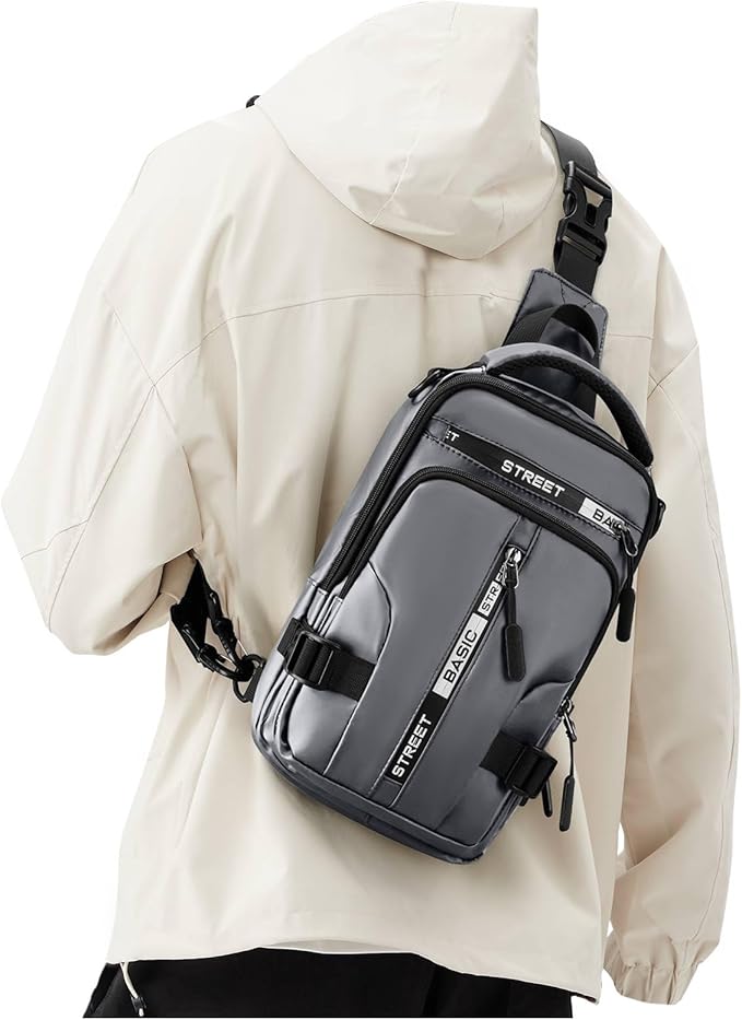 Sling Bag for Men Women, Mini Anti Theft One Strap Motorcycle Sling Backpack, Small Sling Chest Bag Daypack Crossbody Backpack for Casual Travel Hiking Gym Outdoor Sports Grey