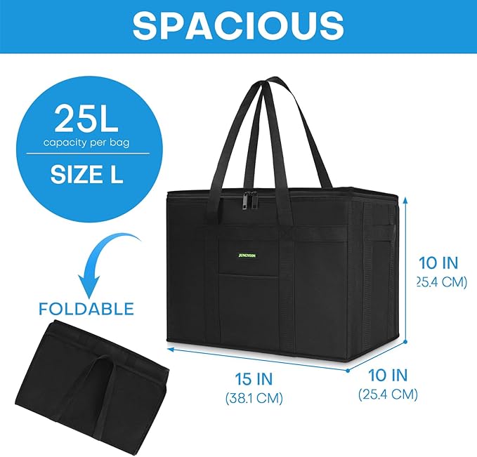 JUNGYOON 2-Pack Heavy-Duty Insulated Grocery Bags & Picnic Basket – Collapsible Cooler Bag with Zippered Top | Reusable Shopping Bags for Groceries, Picnics, Easy Storage(L Black)