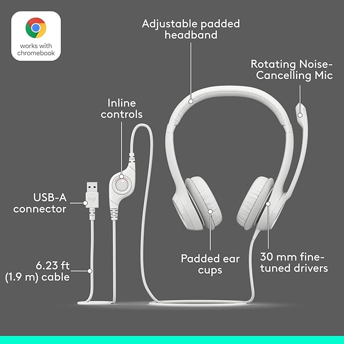 Logitech H390 Gaming Headphones, Wired Headphones with Mic, USB Headset with Microphone for PC, Noise Cancelling Microphone for Video Meetings, Music, Gaming - Off White (Pack of 12)