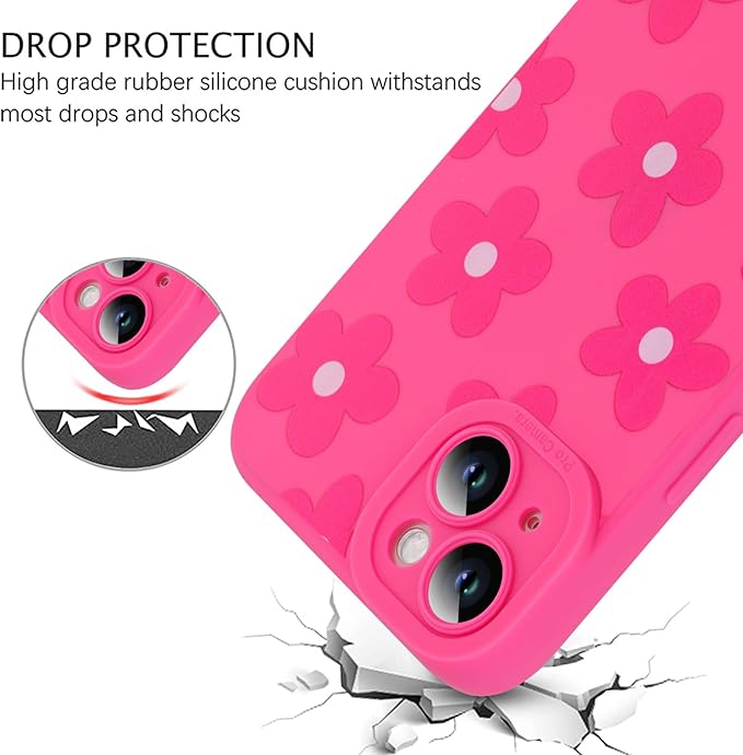 ZIYE for iPhone 15 Plus Case Hot Pink Flower Pattern Phone Case with Camera Protection,Soft TPU Silicone Rubber Protective Cover Floral Design Cases Compatible with iPhone 15 Plus 6.7 Inch
