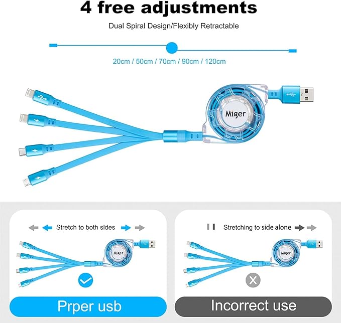 Multi Charging Cable 4A,Retractable Charger Cable [2Pack 4Ft] Multi Charging Cord 4 in 1 Fast Charger Cord with Lightning/Type C/Micro USB Port for Cell Phones,iPhone,iPad,Samsung Galaxy,PS,Tablets