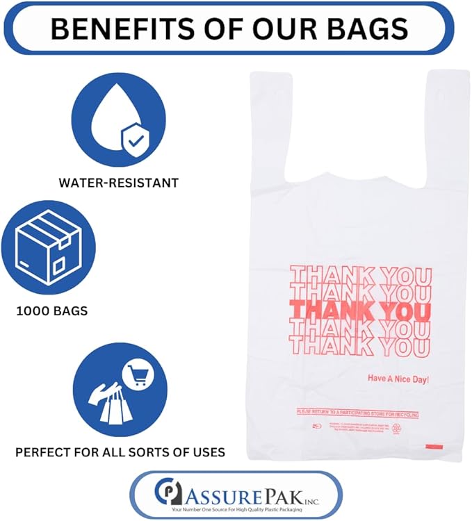 White 'Thank You' HDPE T-Shirt Bags - Grocery Bags with Handles – 1/6 BBL Size 11.5"x6"x21" – 15 Microns – 1000 units – Thank You Shopping Bags for Retail, Takeout, Restaurant Supplies – AssurePak