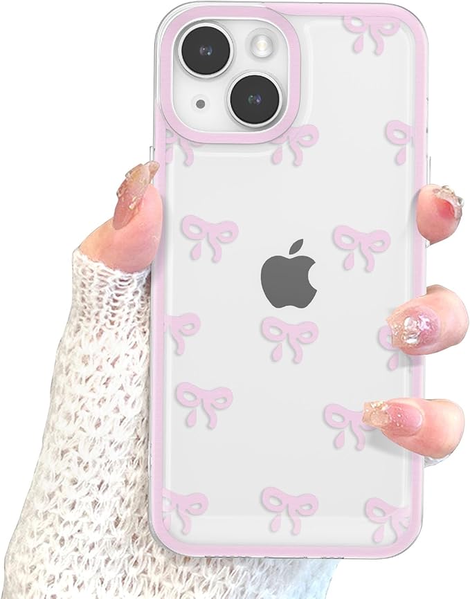 EYZUTAK Case for iPhone 13, Clear Cute Ribbon Bowknot Pattern Aesthetic Transparent Phone Case Raised Camera Protection Stylish Slim Soft Durable TPU Protective Cover for Women Girls - Pink