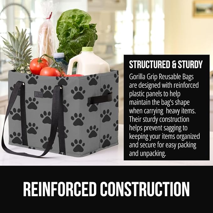 GORILLA GRIP Heavy Duty Foldable Reusable Grocery Bags, 3 PK, Tear Resistant Box Shape Shopping Tote with Reinforced Handles, Grip Feet, Easily Carry and Transport Groceries, 13x10x11, Paw Gray Black