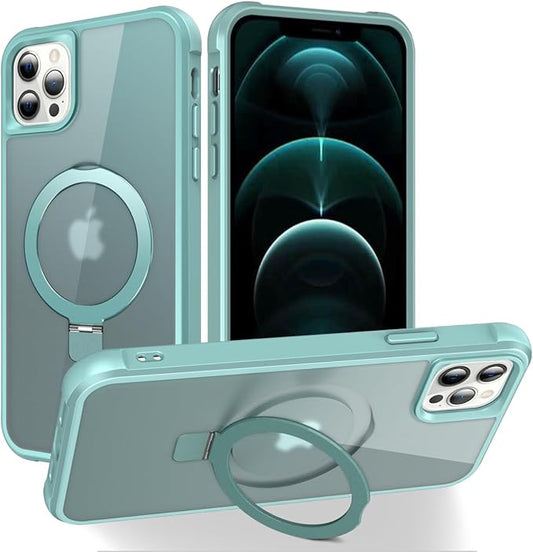 Magnetic Compatible with iPhone 12 Pro Max Case with Stand [Military Grade Drop Tested][Compatible with Magnet] Ring Translucent Slim Hard Back Soft Edge, Teal Green