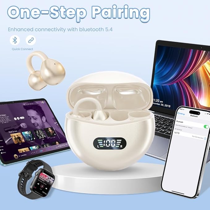 Clip on Earbuds Open Ear Wireless Bluetooth 5.4 Headphones with Mic,60H Play,Noise Cancelling,Waterproof,Sports Ear Buds,Comfortable for Small Ears & Glasses Wearers,Workouts (Off White)