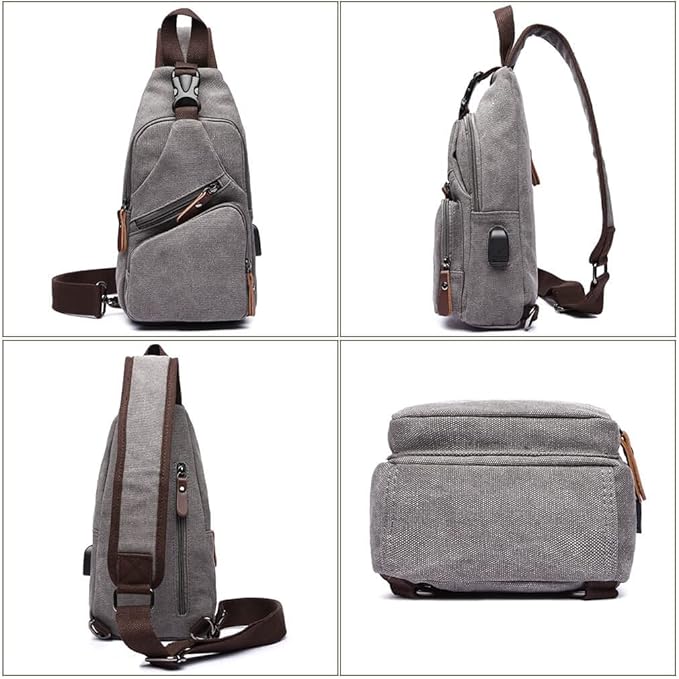 Canvas Sling Bag Crossbody Backpack Shoulder Casual Rucksack for Men Women Outdoor Cycling Hiking Travel Fishing Grey