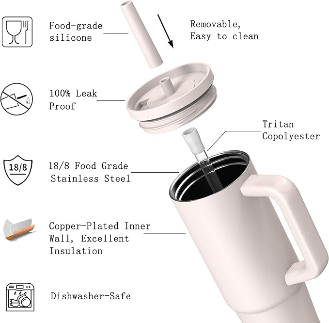 TILUCK 30 oz Tumbler with Handle, Vacuum Insulated Stainless Steel Travel Mug with 100% Leak-Proof Silicone Straw Lid, Cupholder Friendly Water Bottle(SakuraPink, 30oz)