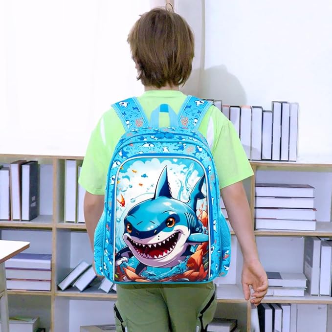 CCJPX 3PCS Shark Backpack for Boys, 16 Inch Kids Water Resistant Preschool Bookbags, Cool Kindergarten School Backpacks and Lunch Box