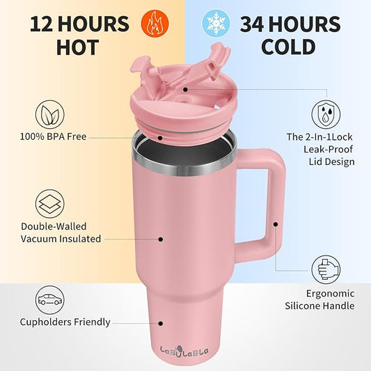 40oz Tumbler with Handle,Double Wall Vacuum Reusable Stainless Steel Insulated Water Bottle,With Leak Proof lid and Straw for Iced or Cold Beverages (light pink)
