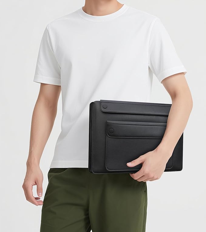 Lacdo 14 Inch Laptop Sleeve Case for HP 14" Laptop, Lenovo Dell ASUS Acer Chromebook 14, HP Stream 14/Ultrabook, Dell Latitude 14, ASUS Vivobook 14, Leather Computer Sleeve with 3 Compartments, Black