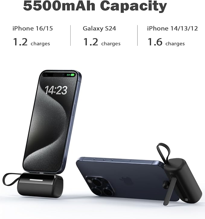 [2-Pack] Portable Charger Power Bank for iPhone,5500mAh USB C Battery Pack Travel Essentials Phone Charger Built in Cable & Foldable Stand,22.5W Fast Charging for iPhone 16/15/14,Samsung,Android