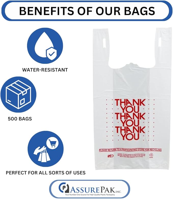 Easy Open - 1000 Bags - White 'Thank You' HDPE T-Shirt Bags - 1/6 BBL 11.5"X6"X21" - 13 Microns – for Retail, Takeout, Restaurant Supplies – AssurePak