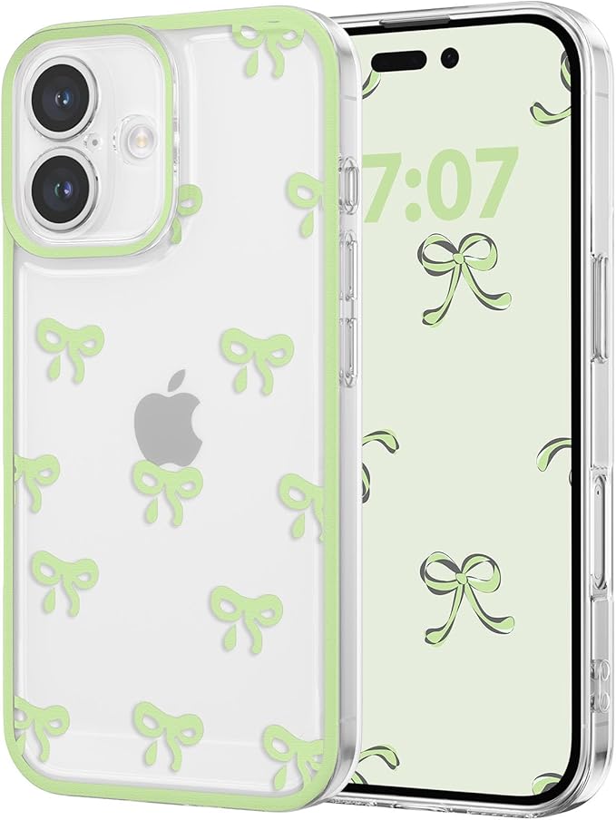 EYZUTAK Case for iPhone 16, Clear Cute Ribbon Bowknot Pattern Aesthetic Transparent Phone Case Raised Camera Protection Stylish Slim Soft Durable TPU Protective Cover for Women Girls - Green