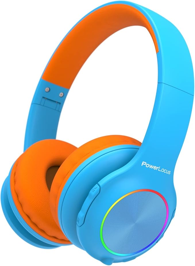 PowerLocus PLED Kids Bluetooth Headphones, Kids Wireless Headphones with LED Lights, 74/85/94dB Safe Volume, Micro SD, AUX Cable, Hi-Fi Stereo, Built-in Mic Over Ear Kid Headphone for Travel/Tablet/PC