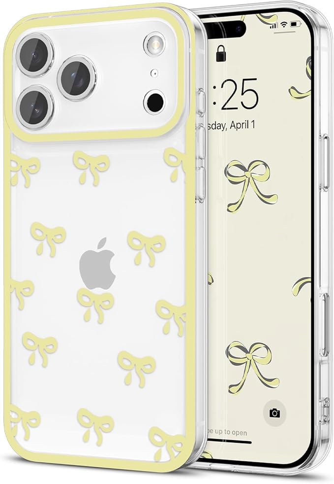EYZUTAK Case for iPhone 17 Pro, Clear Cute Ribbon Bowknot Pattern Aesthetic Transparent Phone Case Raised Camera Protection Stylish Slim Soft Durable TPU Protective Cover for Women Girls - Yellow