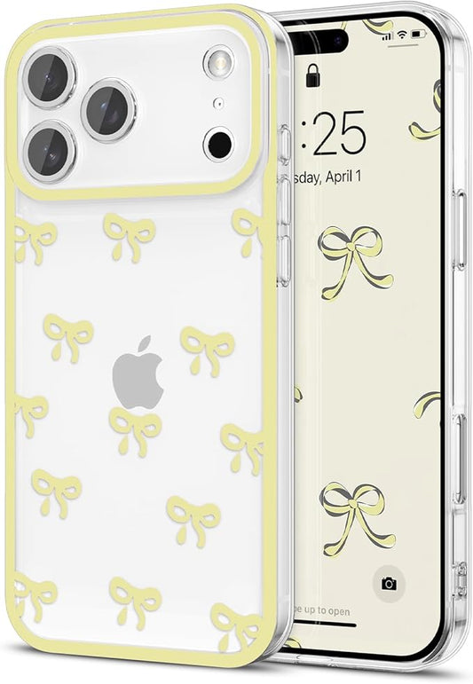 EYZUTAK Case for iPhone 17 Pro, Clear Cute Ribbon Bowknot Pattern Aesthetic Transparent Phone Case Raised Camera Protection Stylish Slim Soft Durable TPU Protective Cover for Women Girls - Yellow