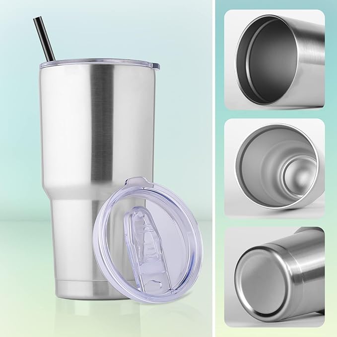 DOMICARE 30oz Tumbler Bulk with Lid and Straw, Double Wall Travel Coffee Mug, Insulated Vacuum Stainless Steel Tumblers, Powder Coated Tumbler Cup (Stainless Steel, 8)