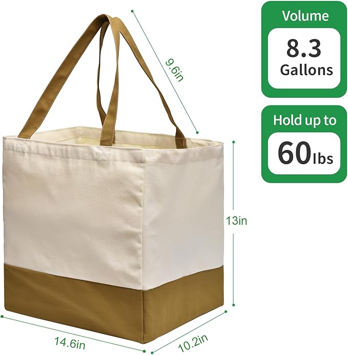 3 Pack Reusable Grocery Bags - Heavy Duty, Foldable Large Canvas Tote Bags with Handles, Holds 60 lbs, Washable Eco-friendly Bags with 5 Pockets, Camel + Off White
