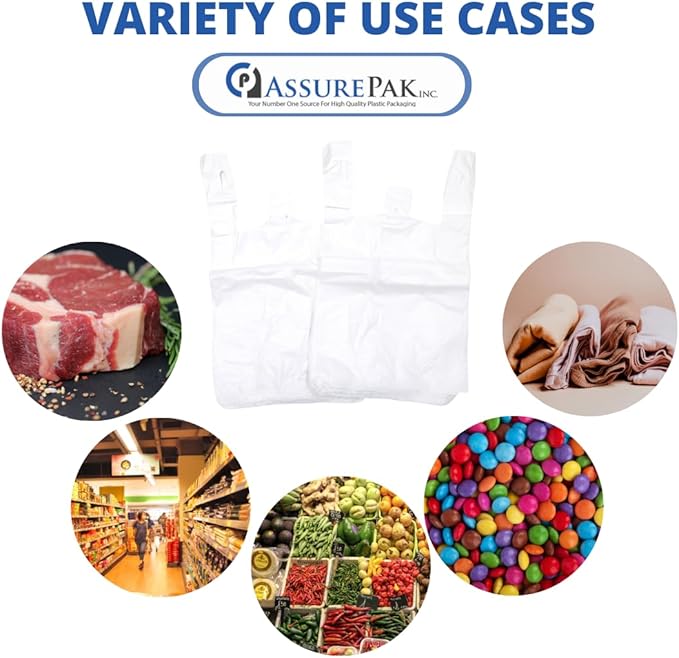 Easy Open - White Unprinted HDPE T-Shirt Bags 10"x5"x18" with handles – 1000 Bags – 13 Microns – Perfect for Grocery Shopping and Store Purchases