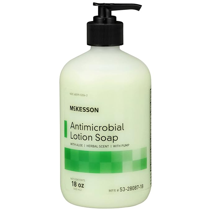 McKesson Antimicrobial Lotion Hand Soap with Aloe, 18 oz Pump Bottle [Pack of 1] - Herbal Scent, Keeps Hands Clean and Moisturized, Medical-Grade Soap