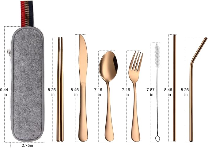 DEVICO Portable Utensils, Travel Camping Cutlery Set, 8-Piece including Knife Fork Spoon Chopsticks Cleaning Brush Straws Portable Case, Stainless Steel Flatware set (Rose Gold)