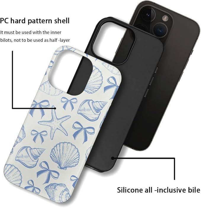 DAIZAG Case Compatible with iPhone 15 Pro,Fit Shockproof Cover for Women Girls,Blue Seashell Bow