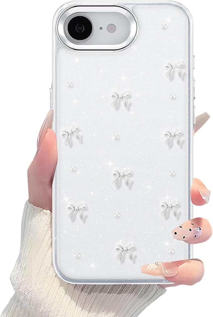 EYZUTAK Case for iPhone 16e, Bling Glitter 3D Bowknot Phone Case Cute Sparkly Crystal Clear Bow Aesthetic Design Cover Slim Soft Durable TPU Transparent Protective Cover for Women Girl - White Bow