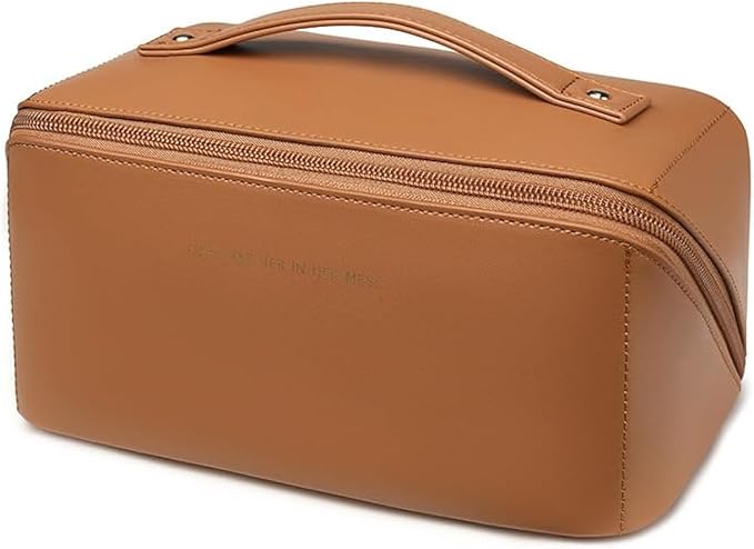 Travel Makeup Bag, Large Capacity Cosmetic Organizer Bags for Women, Waterproof PU Leather Toiletry Bags, Wide Open Flat Makeup Case with Divider and Handle
