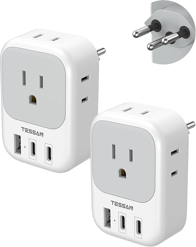 Switzerland Travel Plug Adapter 2 Pack, TESSAN Type J Switzerland power adapter with 4 Outlets 3 USB (2 USB-C), Swiss Plug for US to Rwanda Jordan Liechtenstein Madagascar, Travel Essentials
