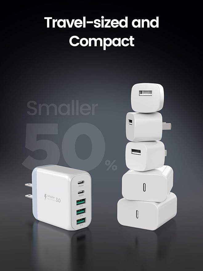 USB C Charger Block,EIZLXQ [2-Pack] Type C Charger Fast Charging,50W 5-Port Usb Wall Charger Multiport Type C Charging Block Cube for iPhone 17/16/15/14/13/12/11 Pro Max XS, iPad, Samsung & More-White