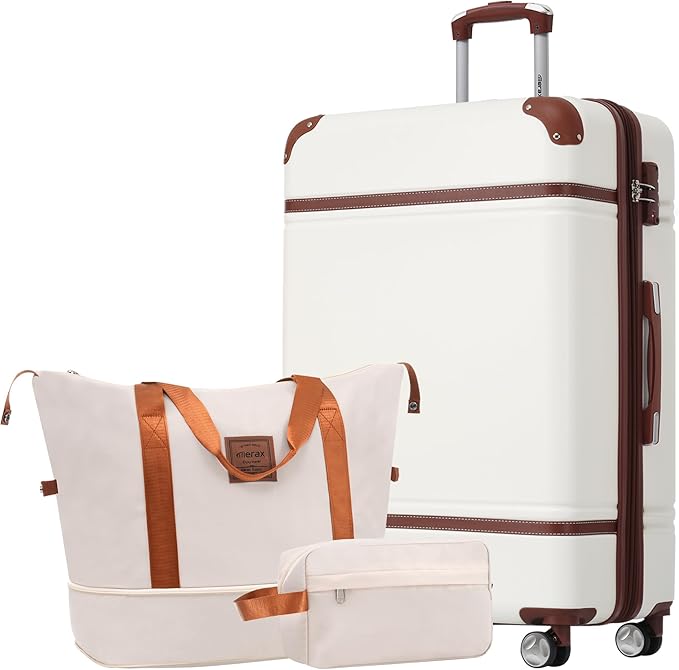 Merax Suitcase Set 28 inches Expandable Luggage with TSA Lock Spinner Wheels Hardshell Lightweight Vintage Luggage with Travel Bag,White