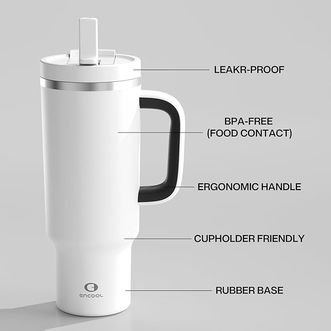 40 oz Tumbler with Handle and Straw: Stainless Steel Insulated Tumbler Keeps Cold for 24 Hours, Leakproof Travel Cup Fits in Cup Holder and BPA-Free, Polar White