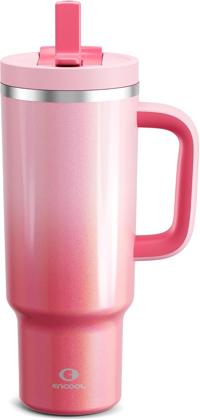 40 oz Tumbler with Handle and Straw: Stainless Steel Insulated Tumbler Keeps Cold for 24 Hours, Leakproof Travel Cup Fits in Cup Holder and BPA-Free, Flamingo
