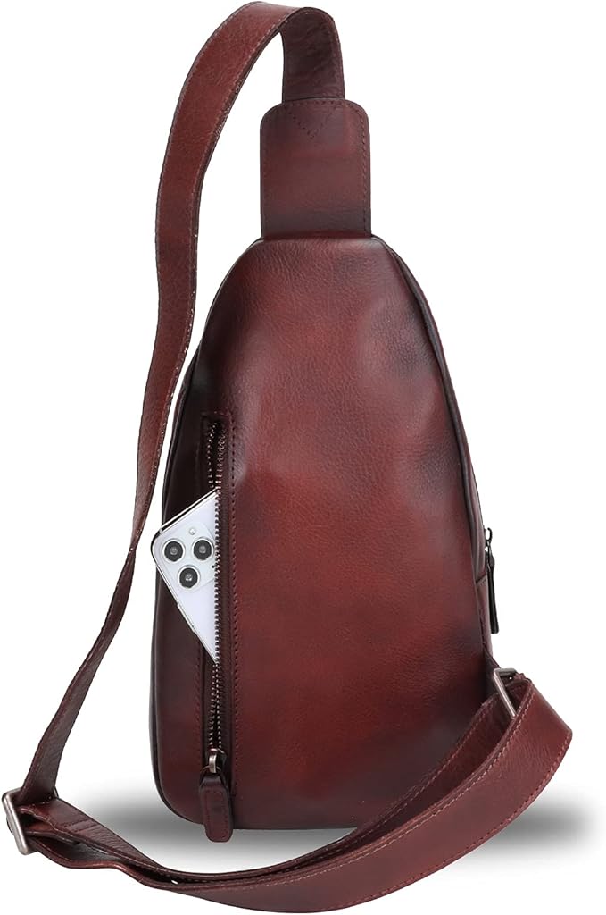 IVTG Genuine Leather Sling Bag Chest Shoulder Pack Crossbody Casual Daypack Vintage Handmade Hiking Backpack Motorcycle Bag (Coffee)