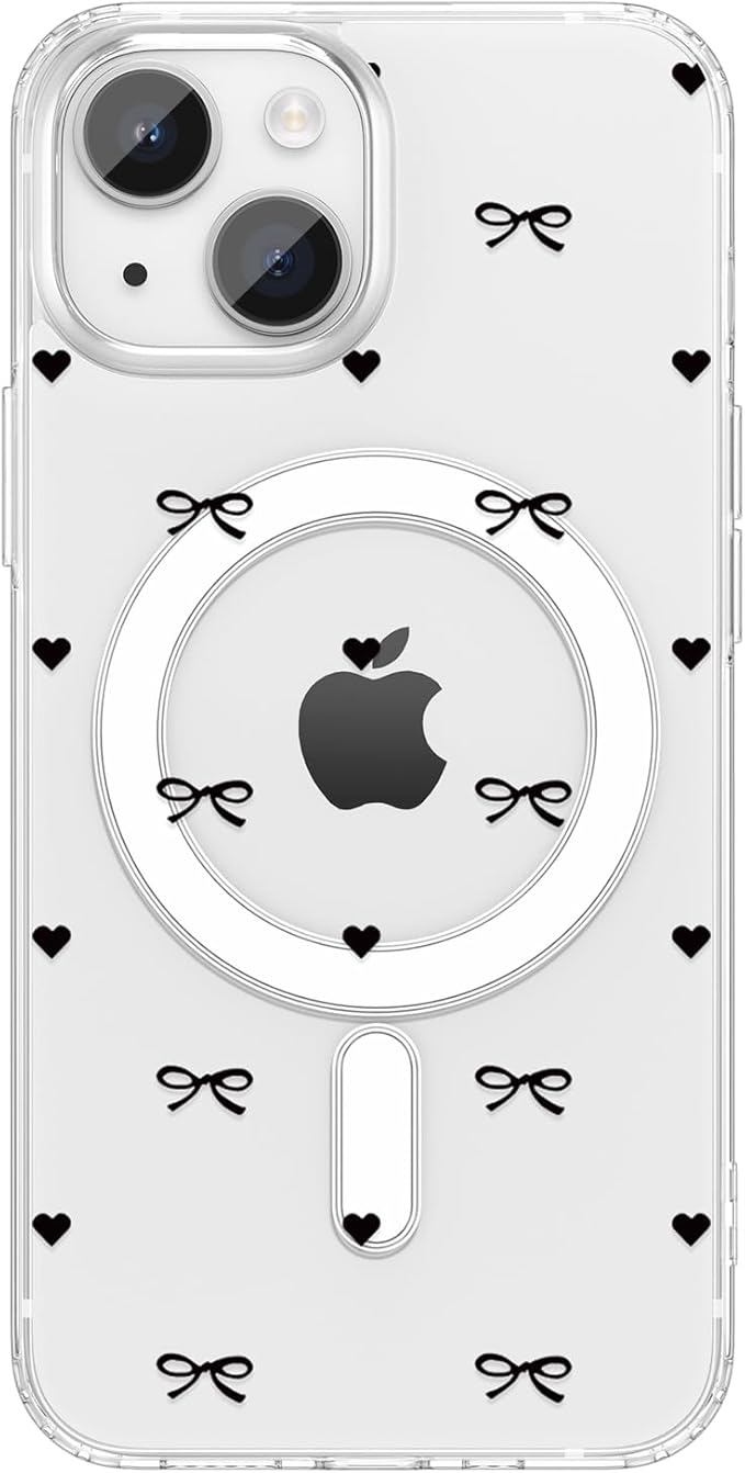 ZTOFERA for iPhone 15 Magnetic Case Clear,Cute Love Heart Ribbon Bow Tie Aesthetic Phone Case,Transparent Trendy Slim Soft Shockproof Protective Phone Cover for Women Girls,Black